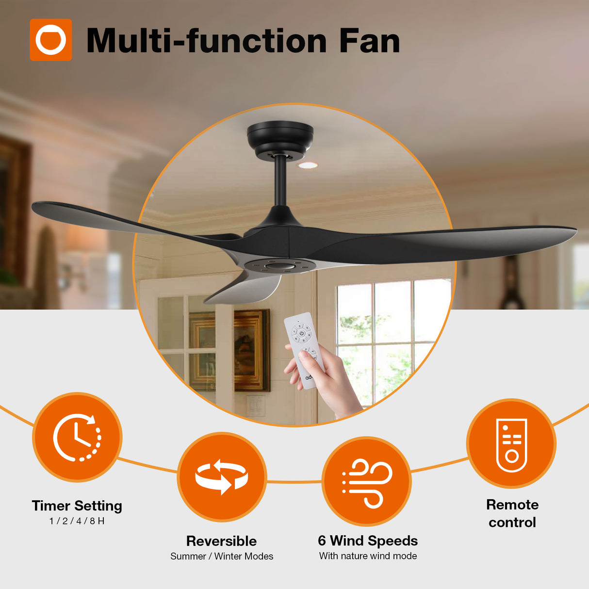 Addlon Outdoor Ceiling Fan, 60 inch White/Black Fan with Remote Control, 6 Speeds, Reversible DC Motor, Noiseless, Modern Ceiling Fans without Light for Patio,Gazebo, Bedroom, Balcony, Living Room
