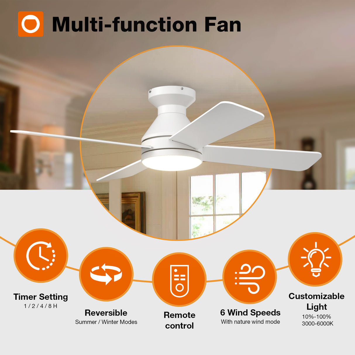 Addlon Ceiling Fans with Lights, 42 Inch Low Profile Ceiling Fan with Light And Remote Control, Flush Mount, Reversible, 3CCT Dimmable 4 Blades White/Nickel/Black Small Ceiling Fan for Bedroom Indoor/Outdoor Use