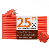 25Ft Outdoor Extension Cord Waterproof Orange Red 16 AWG 3 Prong, Flexible Long Wires Perfect for Home or Office Use, UL Listed,Addlon