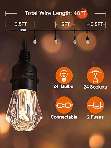 addlon 48FT Smart Outdoor String Lights with 24 Diamond Appearance Bulbs, APP & Remote Control Dimmable, Shatterproof Waterproof Patio Lights Work with Alexa for Patio, Porch, Warm White