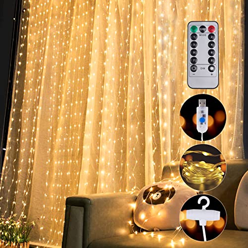 addlon 2 Pack Curtain Lights, Warm White Fairy String Lights with 8 Lighting Models Remote Control, USB Plug, 200 LED for Backdrop, Bedroom, Wedding, Party, Christmas